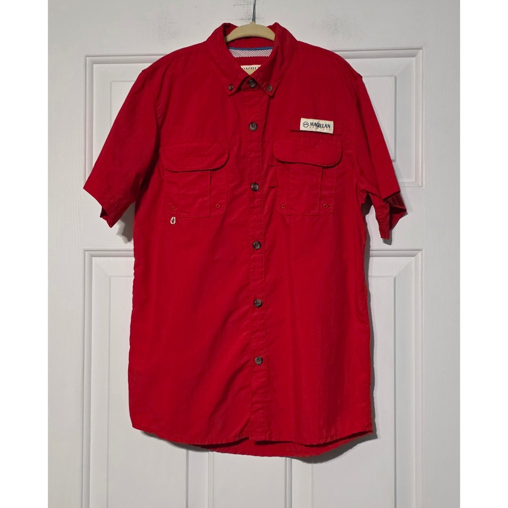 Magellan Outdoors Kids Red Fish Gear Button Down Shirt Size M 10-12 Relaxed Fit